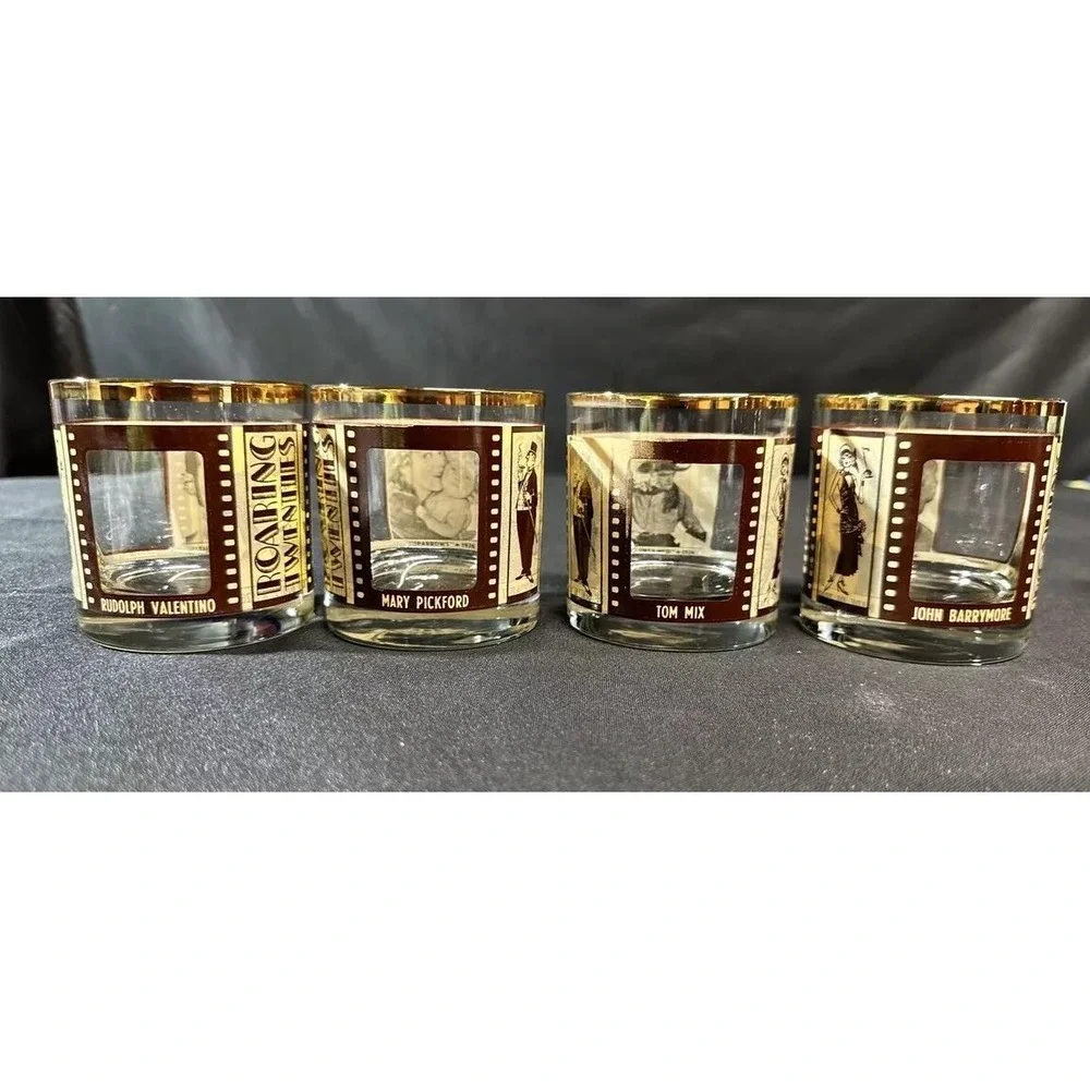 VTG HouzeArt Whiskey Glasses Silent Movie Roaring 20's Actors Barware Set Of 4